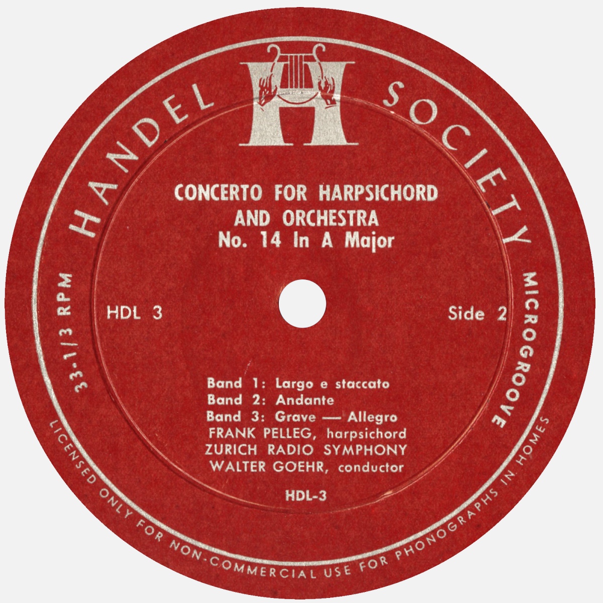Étiquette verso du disque Handel Society HDL 3