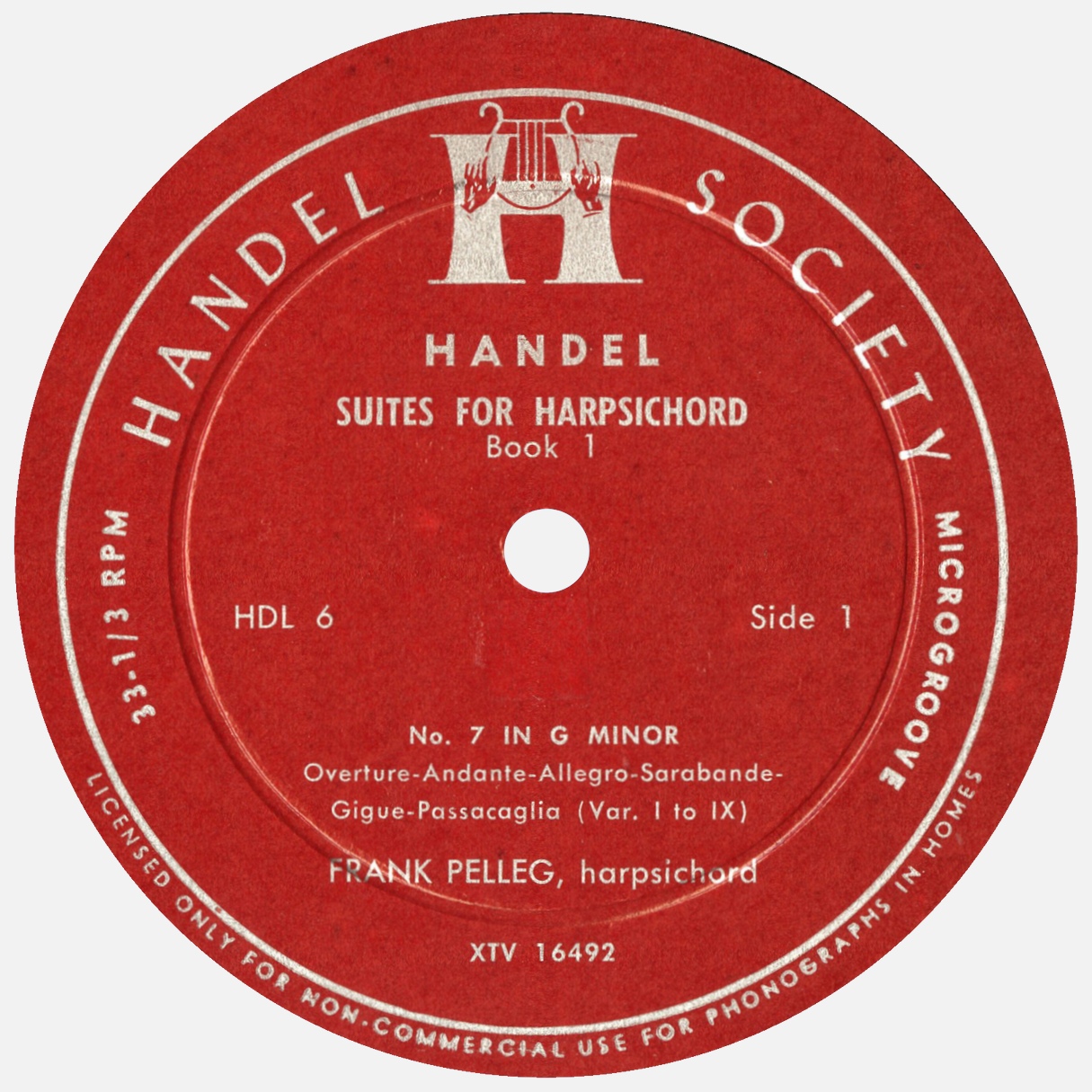 Étiquette recto du disque Handel Society HDL 6