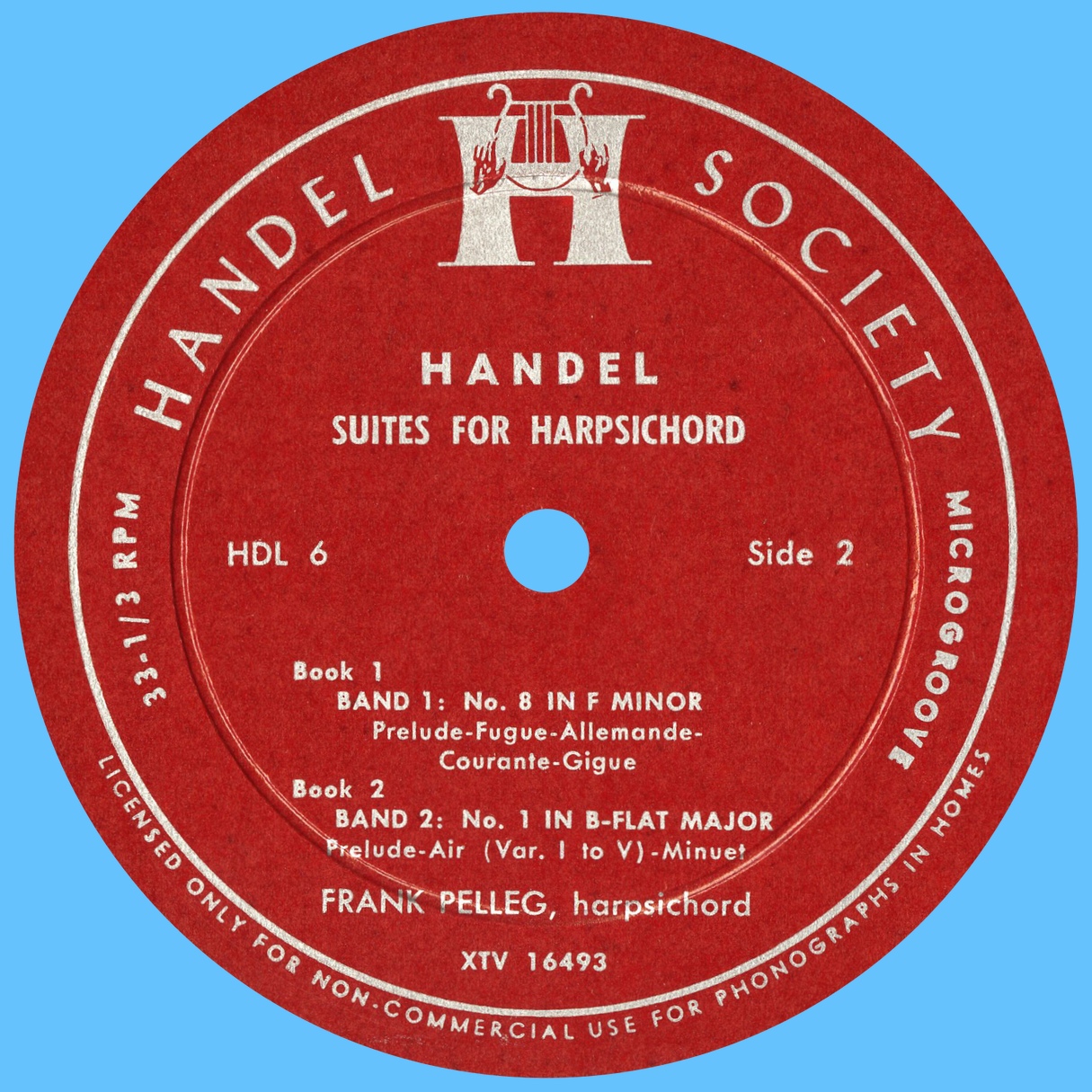 Étiquette verso du disque Handel Society HDL 6