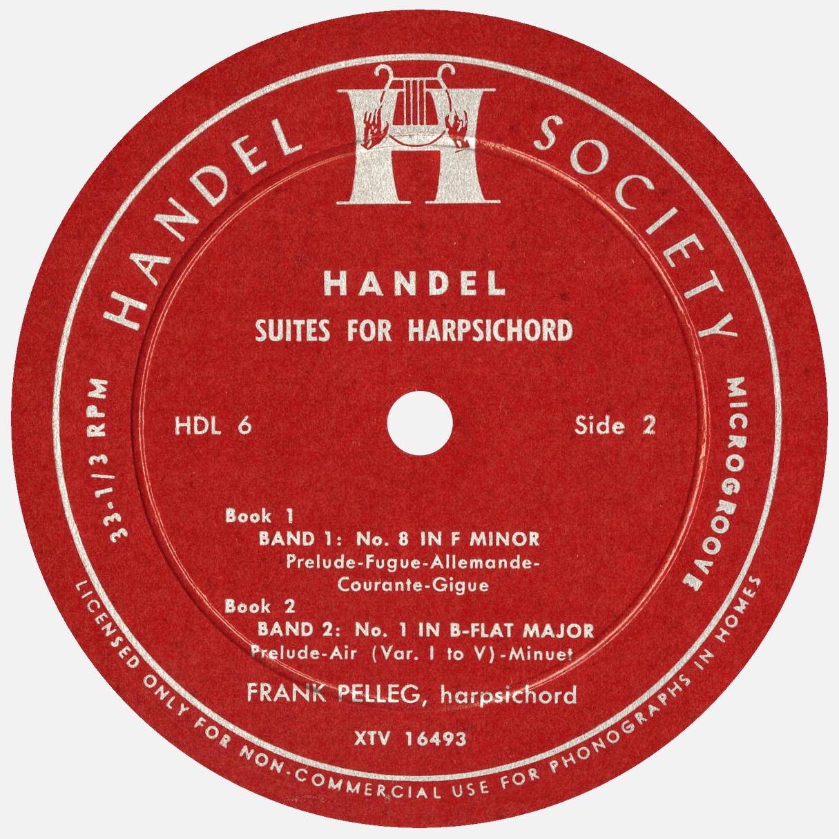 Étiquette verso du disque Handel Society HDL 6