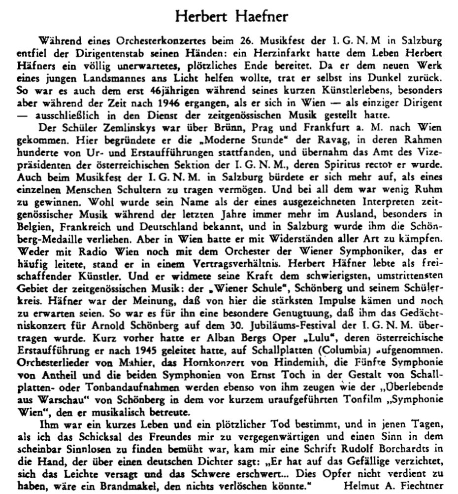 Nécrologie de Herbert Haefner, rédigée par Helmut Albert Fiechtner, publiée dans la Oesterreichische Musikzeitschrift du 1er décembre 1952 en page 280