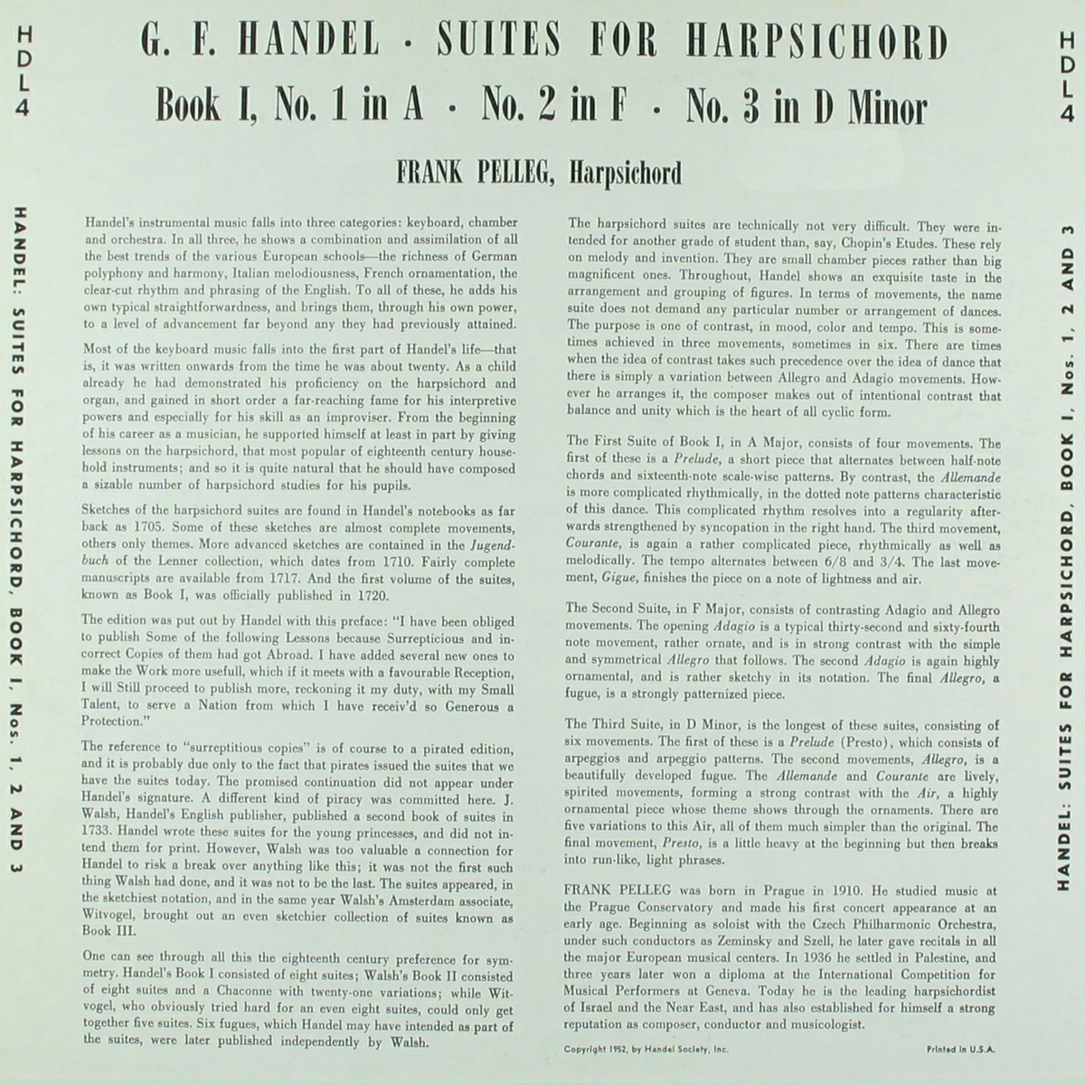 Verso de la pochette du disque Handel Society HDL 4
