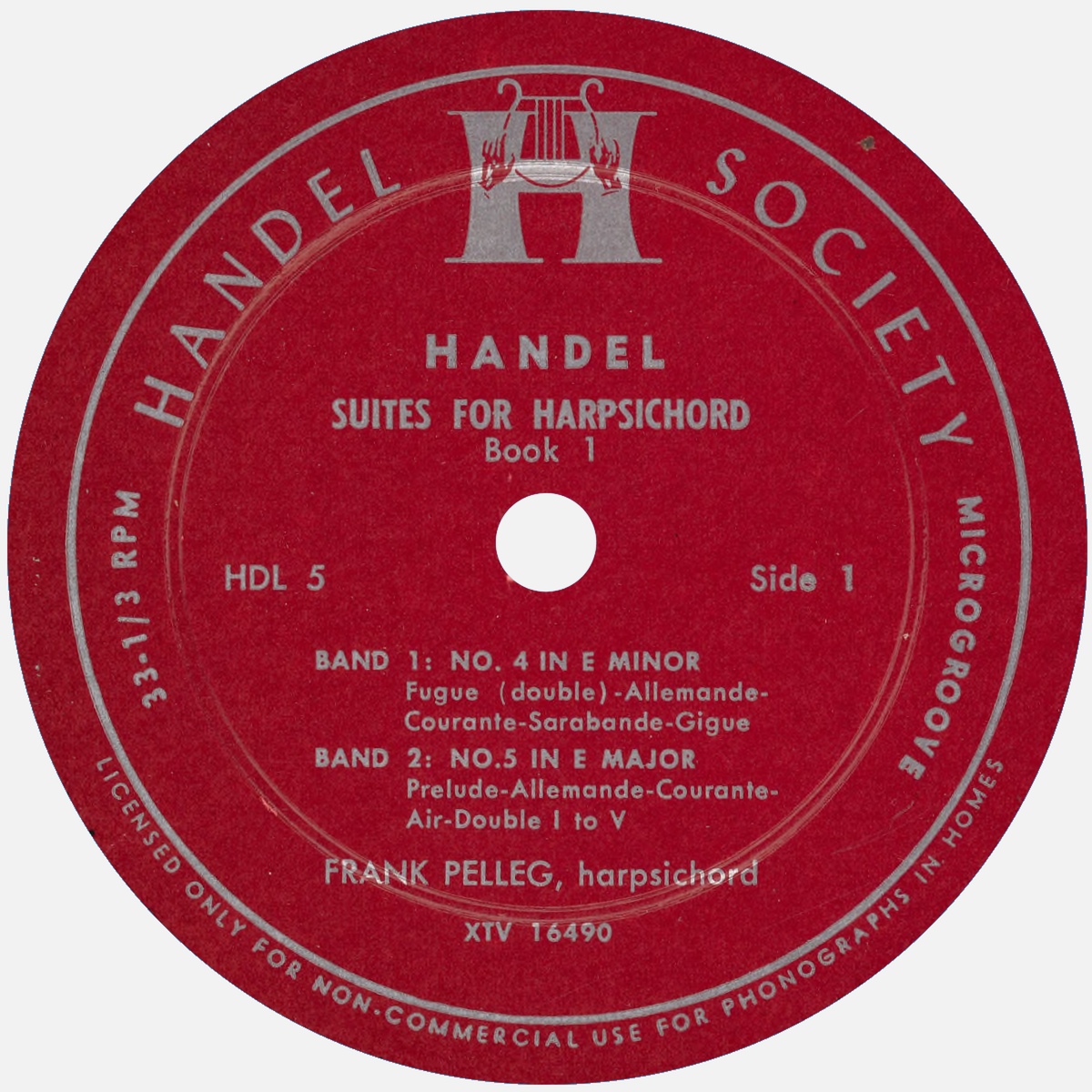 Étiquette recto du disque Handel Society HDL 5