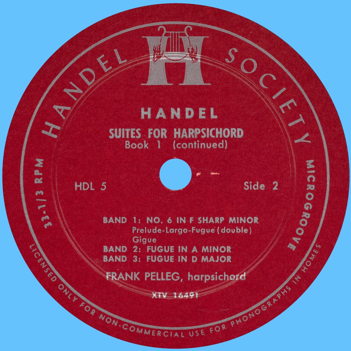 Étiquette verso du disque Handel Society HDL 5