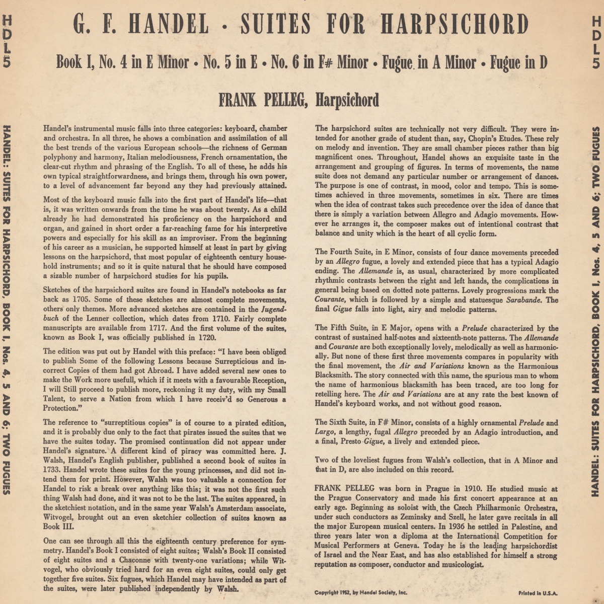 Verso de la pochette du disque Handel Society HDL 5