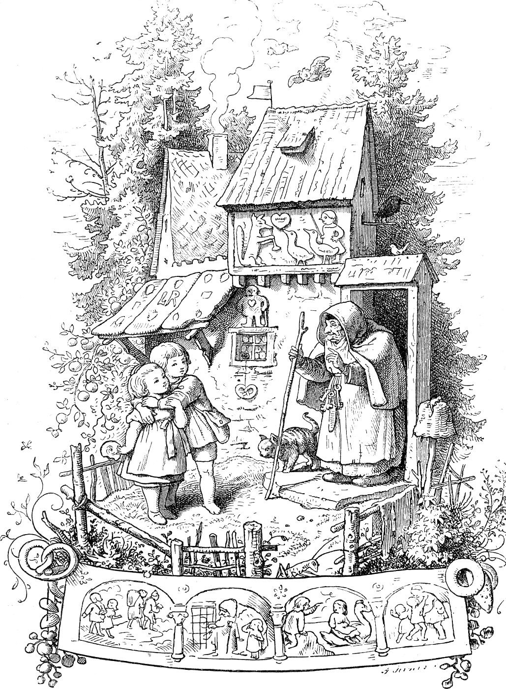 Hänsel und Gretel vor dem Hexenhaus (Haensel et Gretel devant la maison de la sorcière), gravure de Adrian Ludwig Richter, édition de 1903