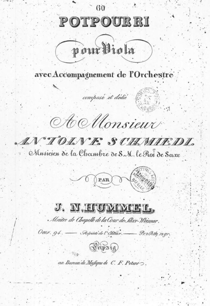 Johann Nepomuk HUMMEL, Potpourri Op. 94, Page de couverture de la première édition chez Peters en 1822