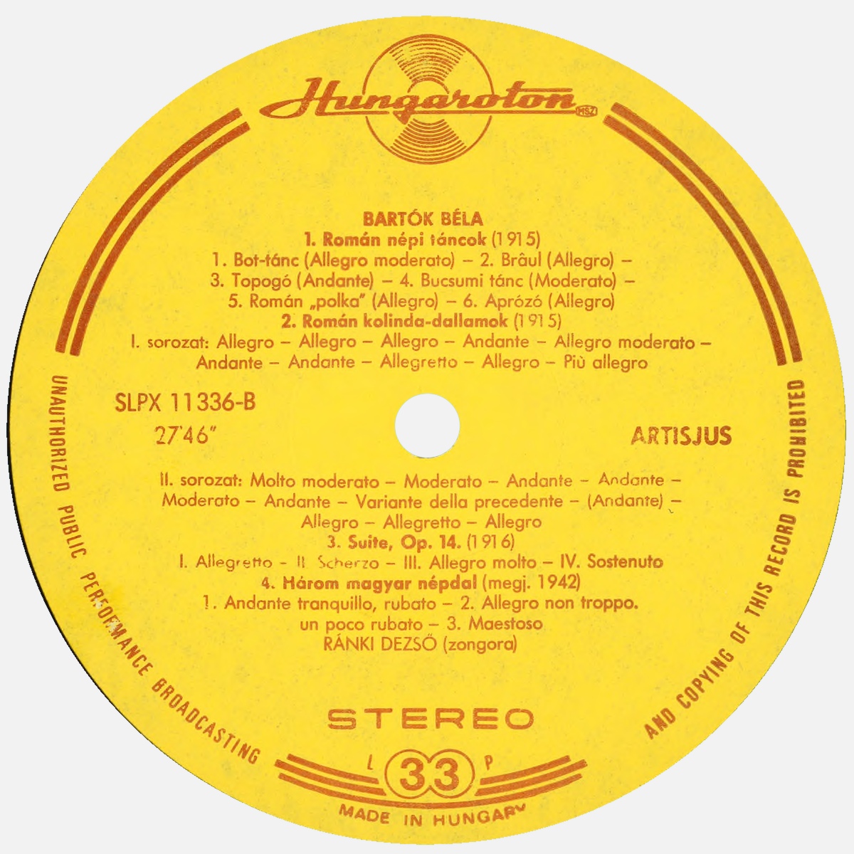 Étiquette verso du disque Hungaroton SLPX 11336