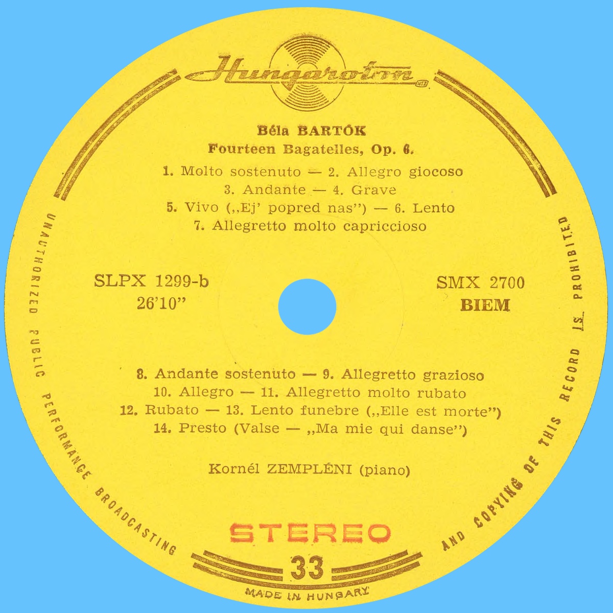 Étiquette verso du disque Hungaroton SLPX 1299
