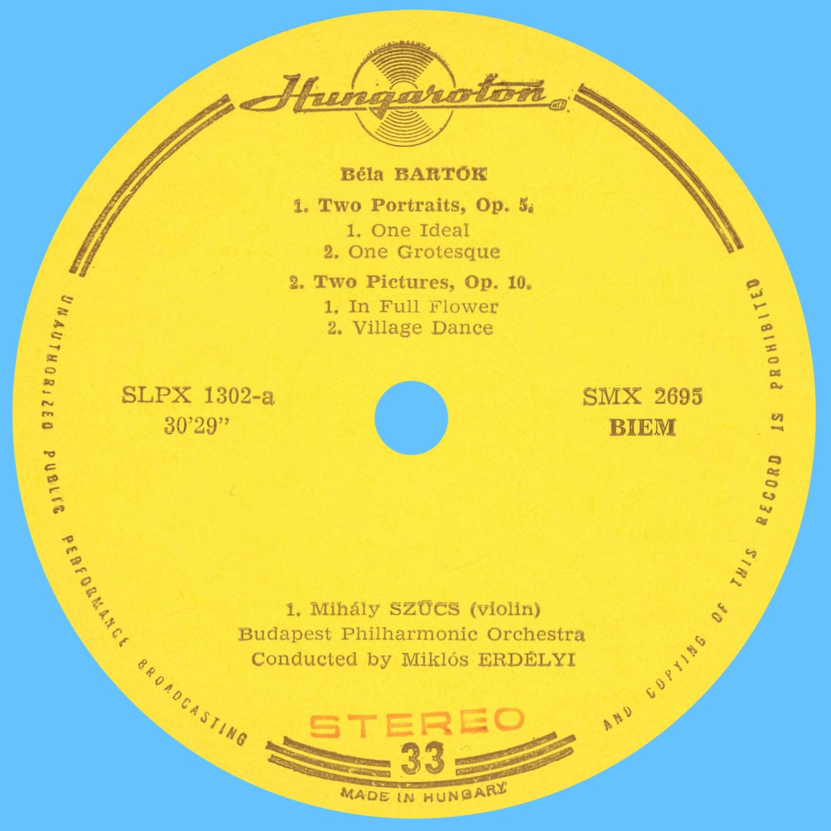 Étiquette recto du disque Hungaroton SLPX 1302
