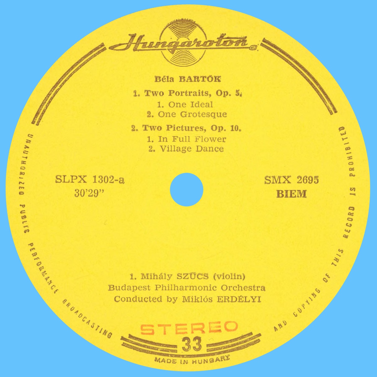 Étiquette recto du disque Hungaroton SLPX 1302