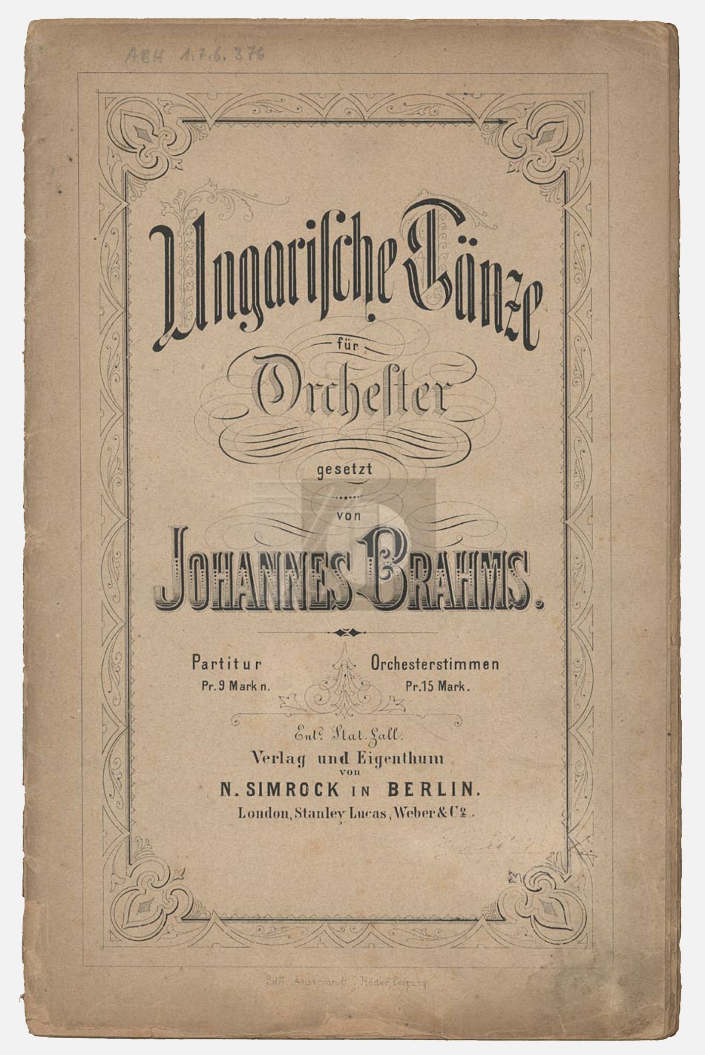 page couverture partition, première édition, Berlin, N. Simrock, n.d.(1874). Plate 7455, clicquer pour voir l'original