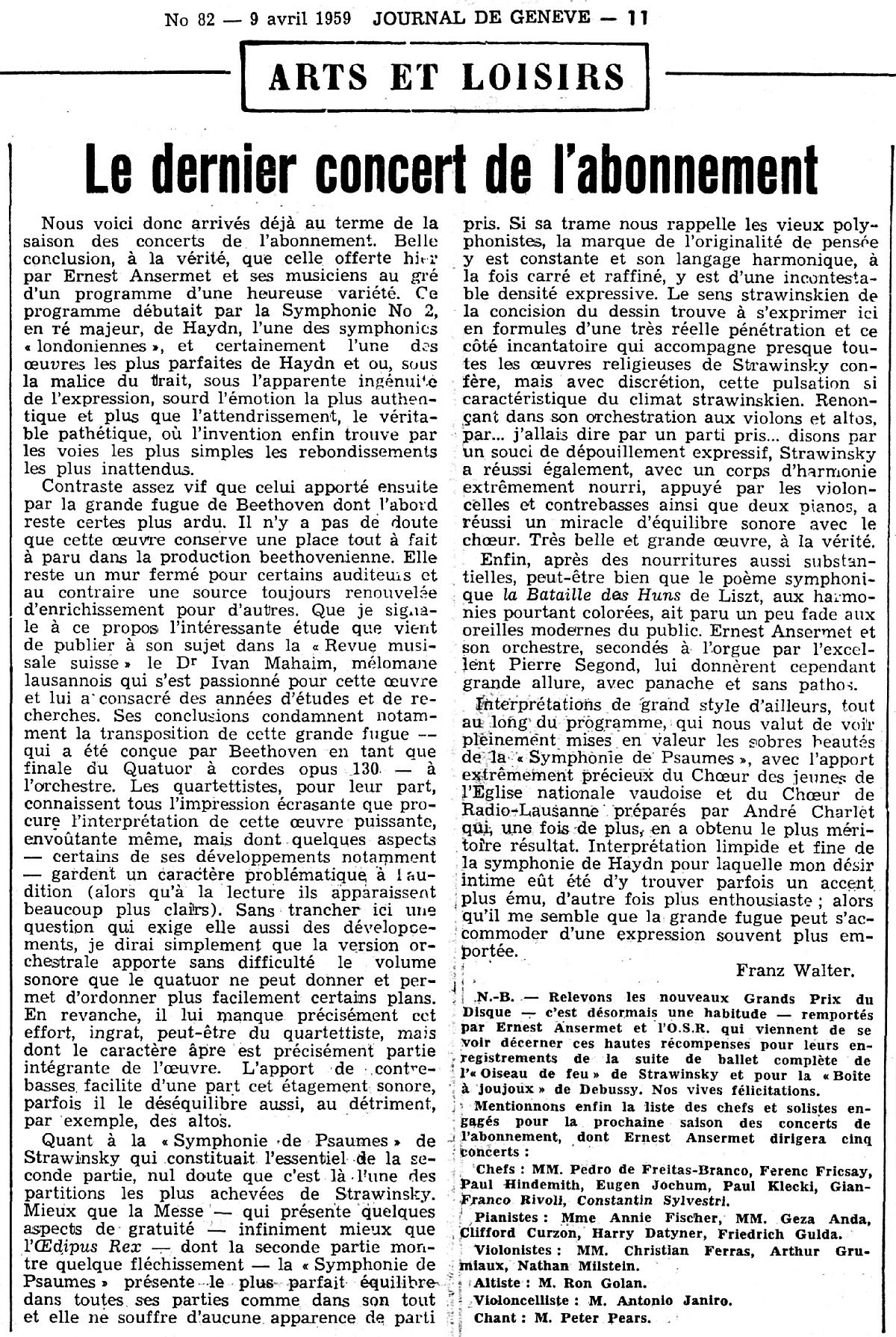 Journal de Genève du 9 avril 1959, concert du 8 avril 1959, compte-rendu de Franz WALTER, cliquer pour une vue agrandie
