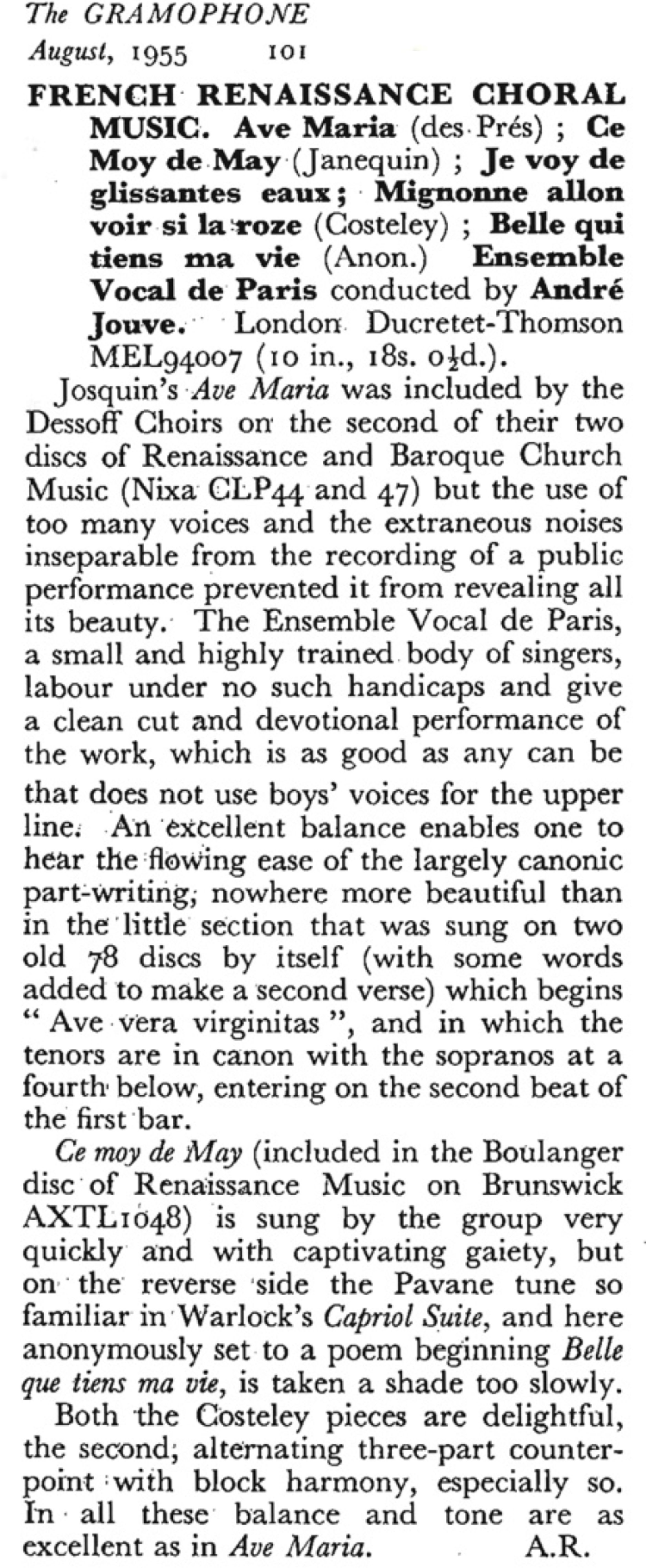 Vue agrandie (ouvre une nouvelle fenêtre) extrait revue 'The Gramophone', août 1955, page 101