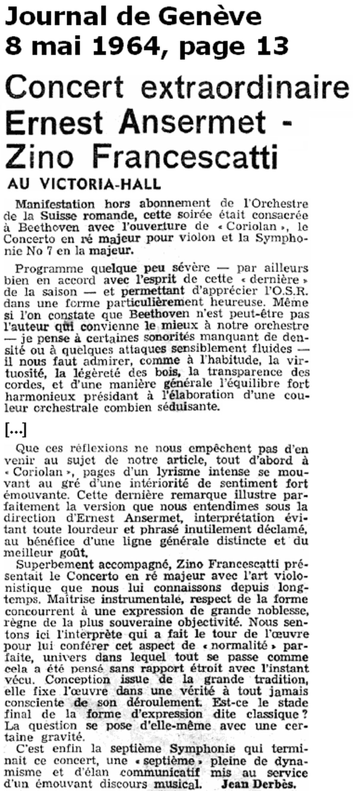 extrait Journal de Genève (8 mai 1964, page 13), clicquer pour une vue agrandie