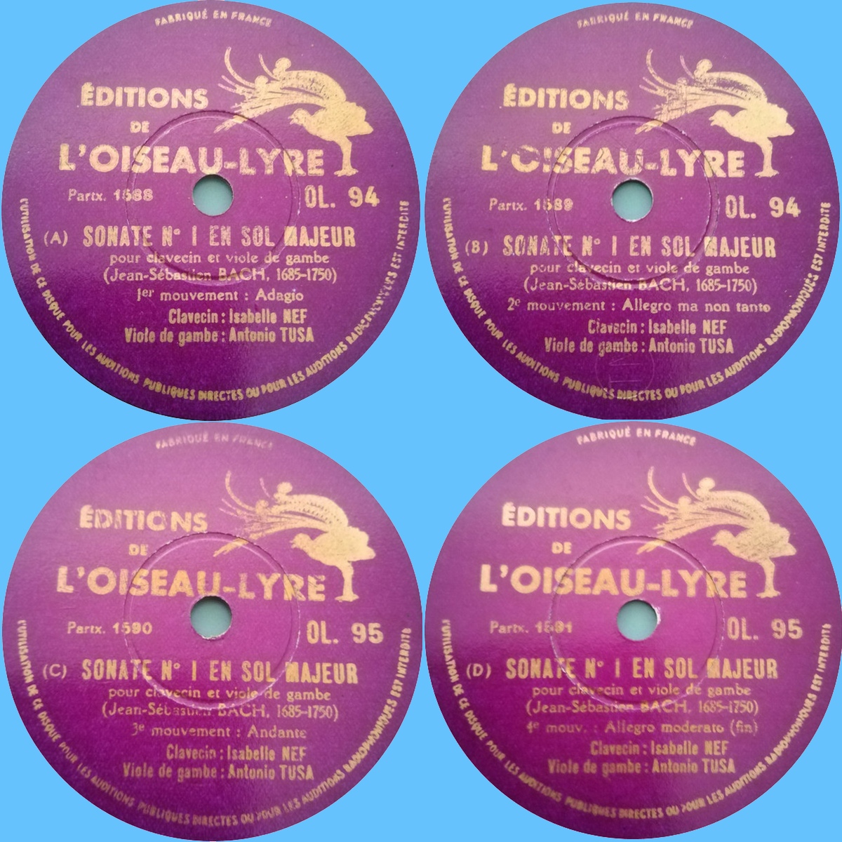 Étiquettes des disques L'Oiseau Lyre OL 94 et 95