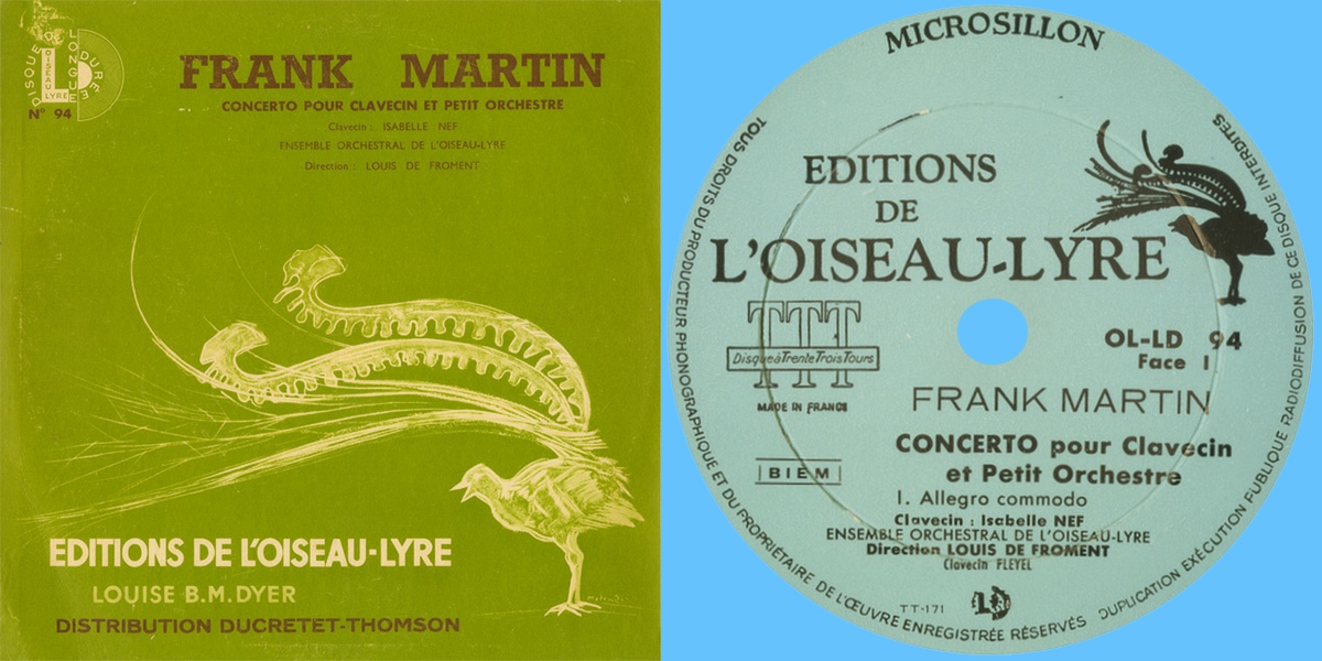 Recto de la pochette et étiquette recto du disque L'Oiseau-Lyre OL LD 94