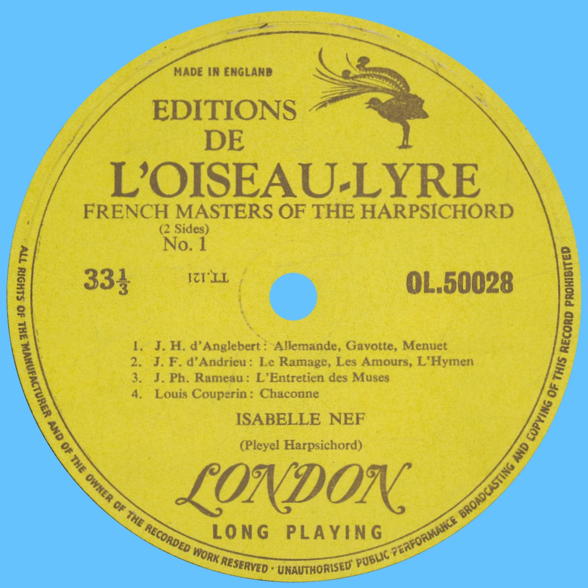 Étiquette recto du disque LONDON Éditions de l'Oiseau-Lyre OL 50028