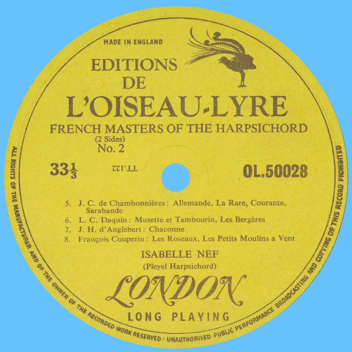 Étiquette verso du disque LONDON Éditions de l'Oiseau-Lyre OL 50028