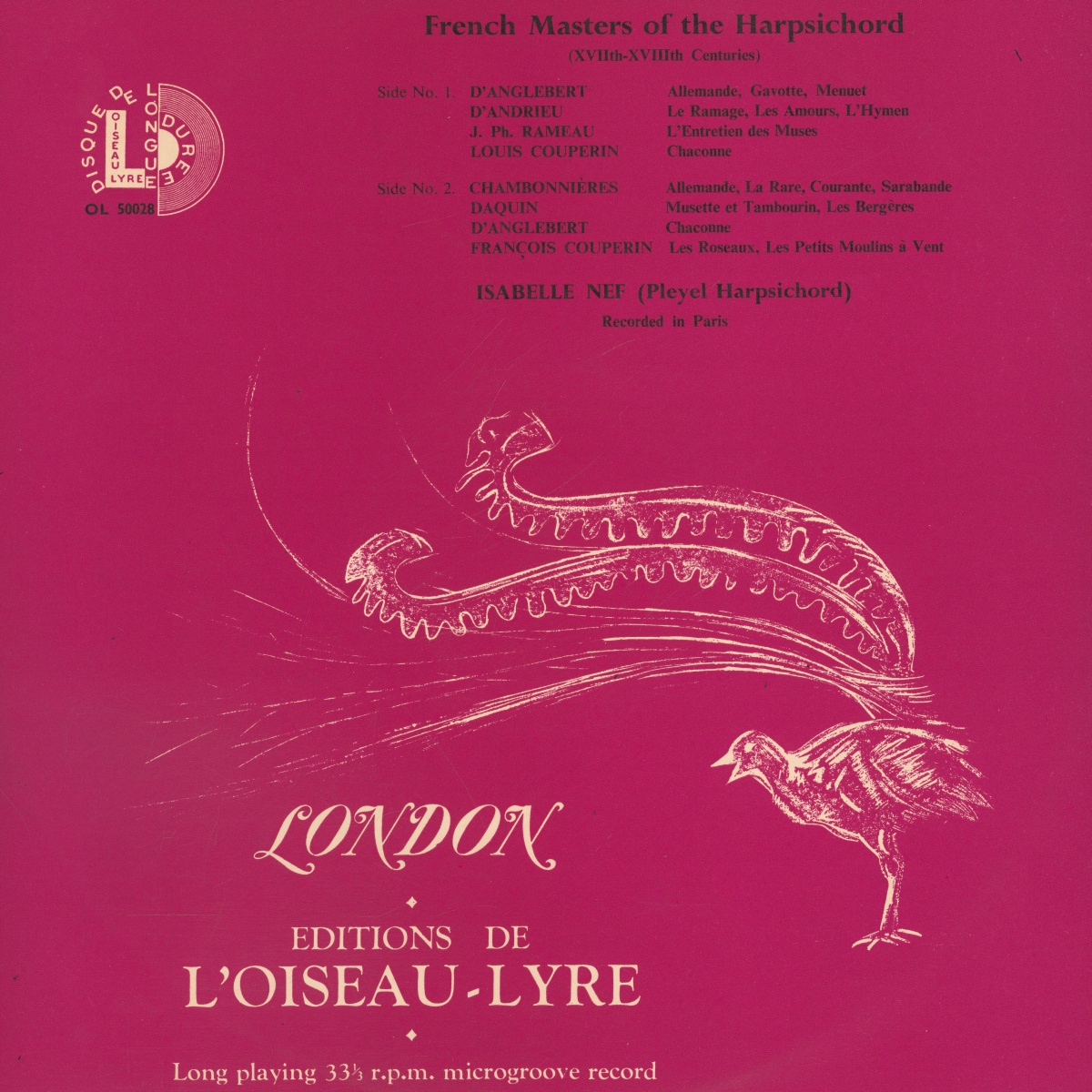 Recto de la pochette du disque LONDON Éditions de l'Oiseau-Lyre OL 50028