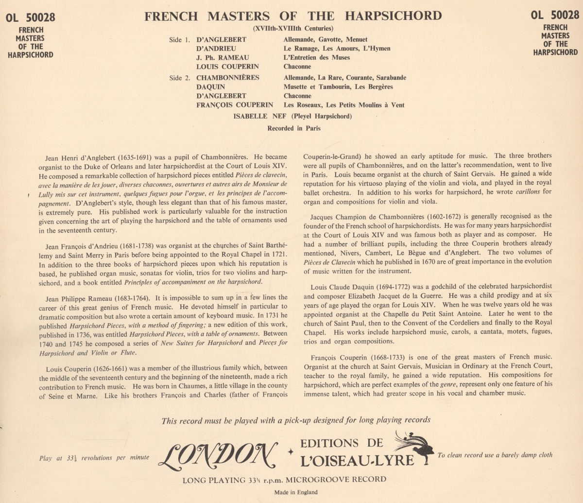 Verso de la pochette du disque LONDON Éditions de l'Oiseau-Lyre OL 50028