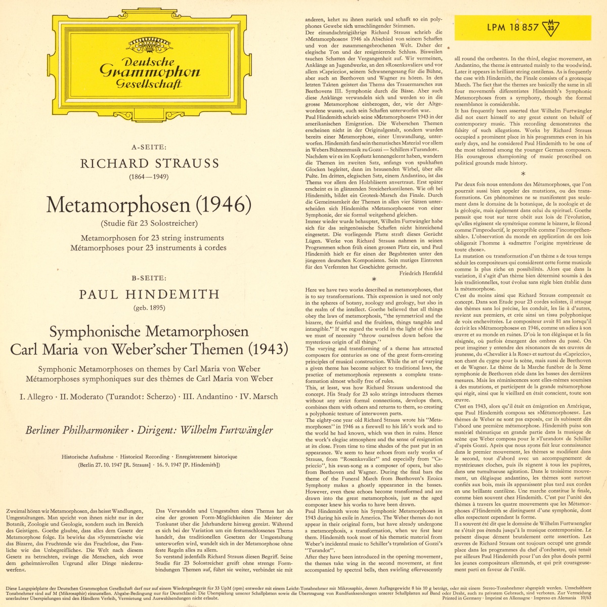 Verso de la pochette du disque Deutsche Grammophon LPM 18 857