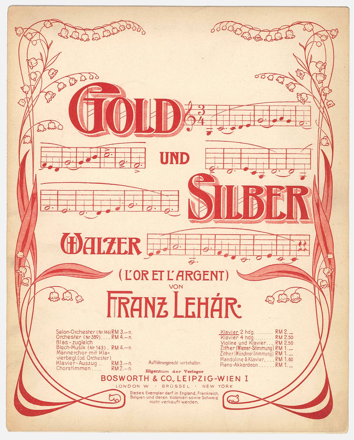 Franz Lehár: Gold und Silber op. 79, Walzer für Orchester (1902), Titelblatt; Musikverlag Bosworth & Co, Wien, Source: Collection Walter Anton