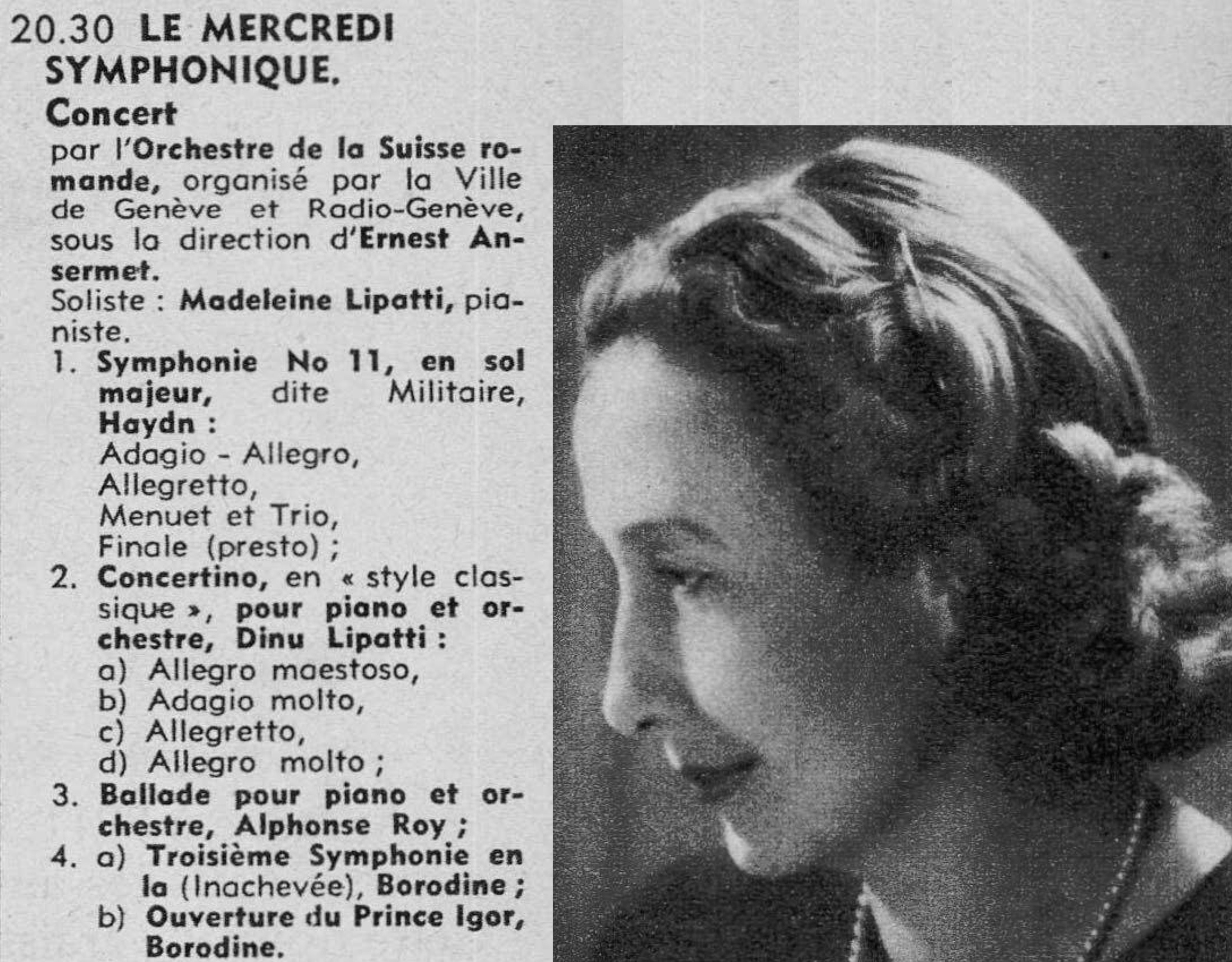 Programme du concert du 15 février 1956; à droite portrait de Madeleine LIPATTI-CANTACUZENE, photo Duss Genève, tous deux publié dans le Radio Je vois tout du 09 février 1956, No6 en page 37