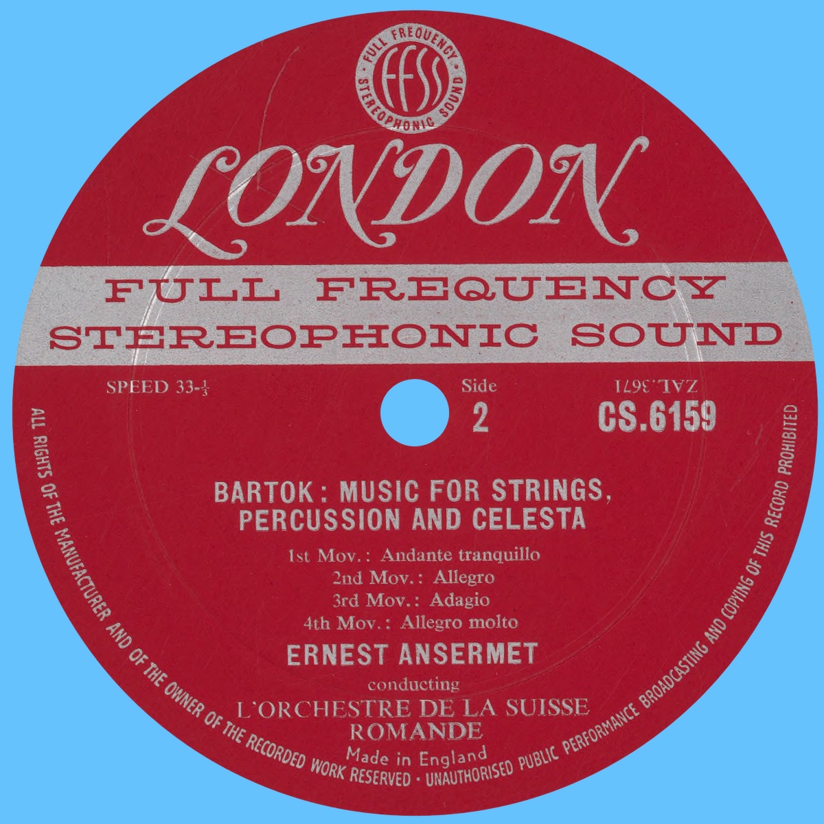 Étiquette verso du disque LONDON RECORDS CS 6159