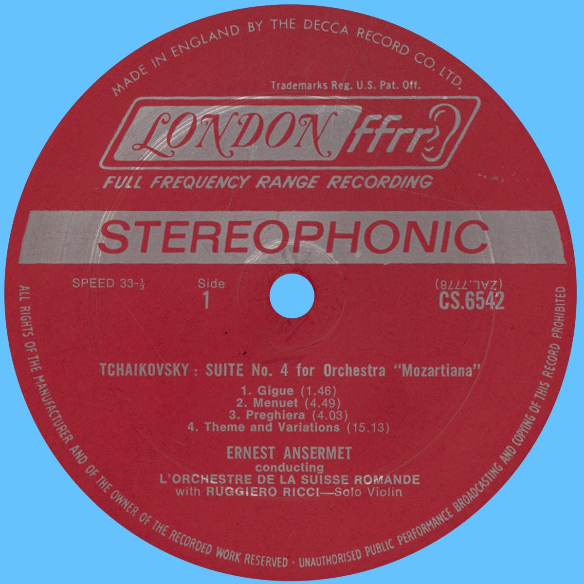 Étiquette recto du disque LONDON CA 6542