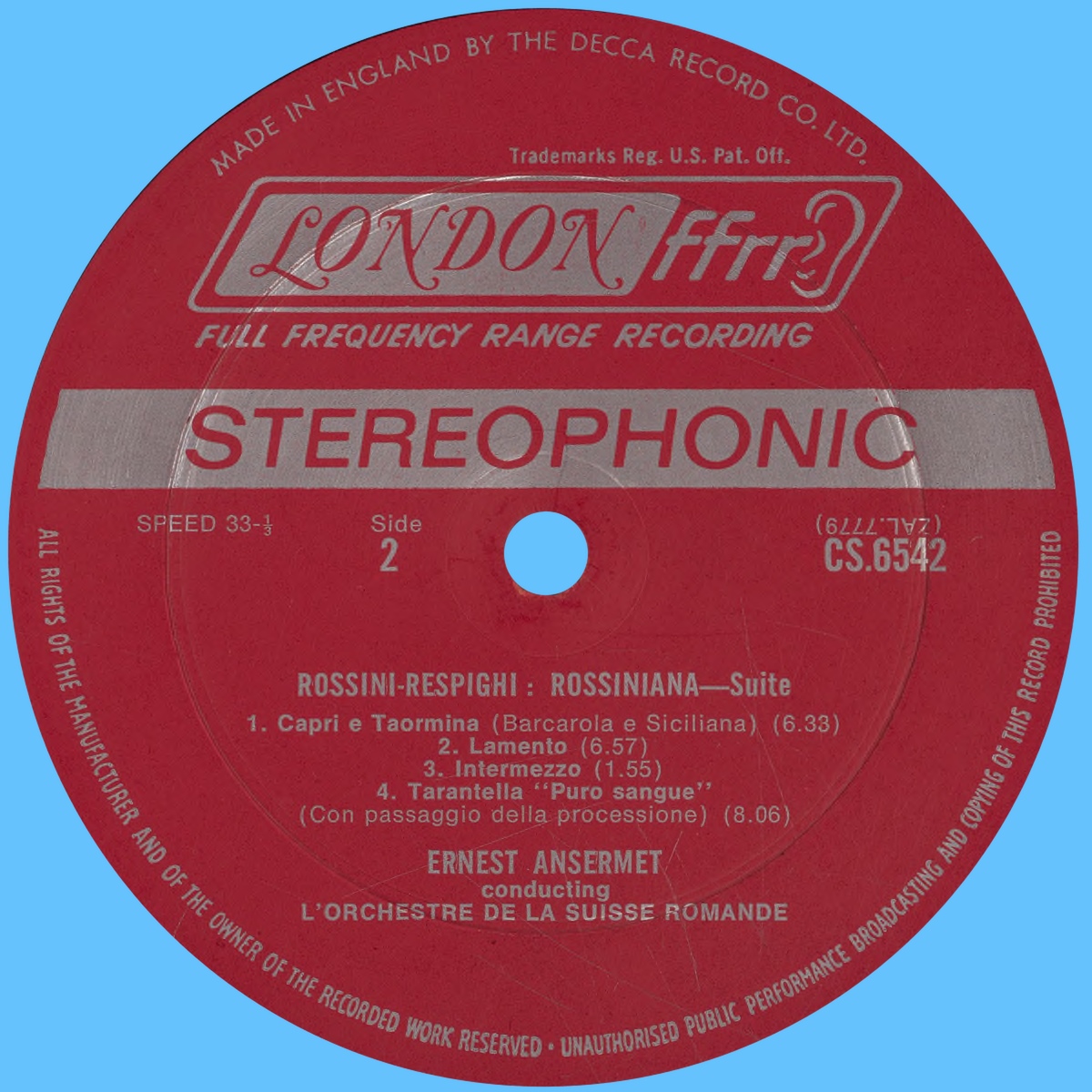 Étiquette verso du disque LONDON CA 6542