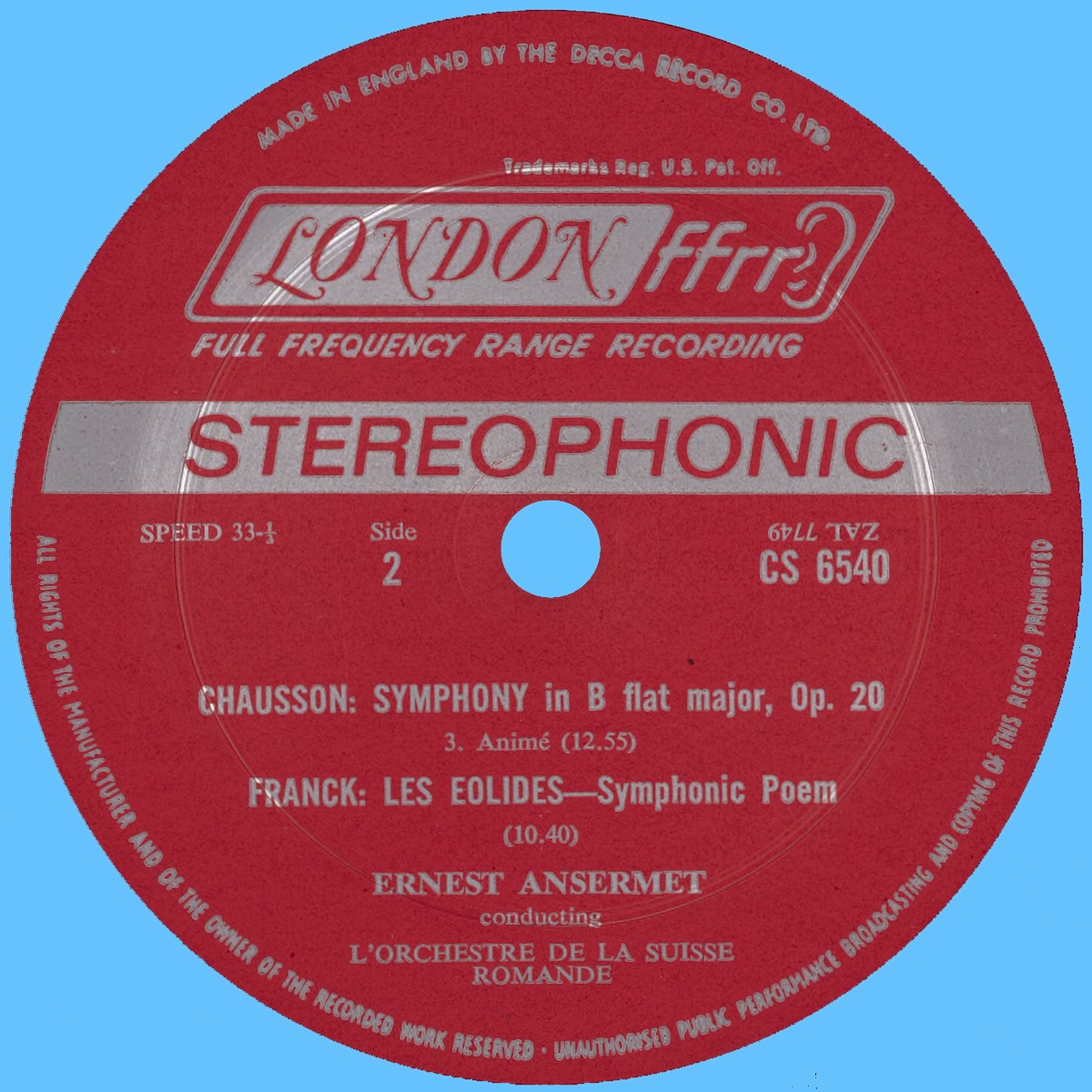 Étiquette verso du disque LONDON RECORDS CS 6540