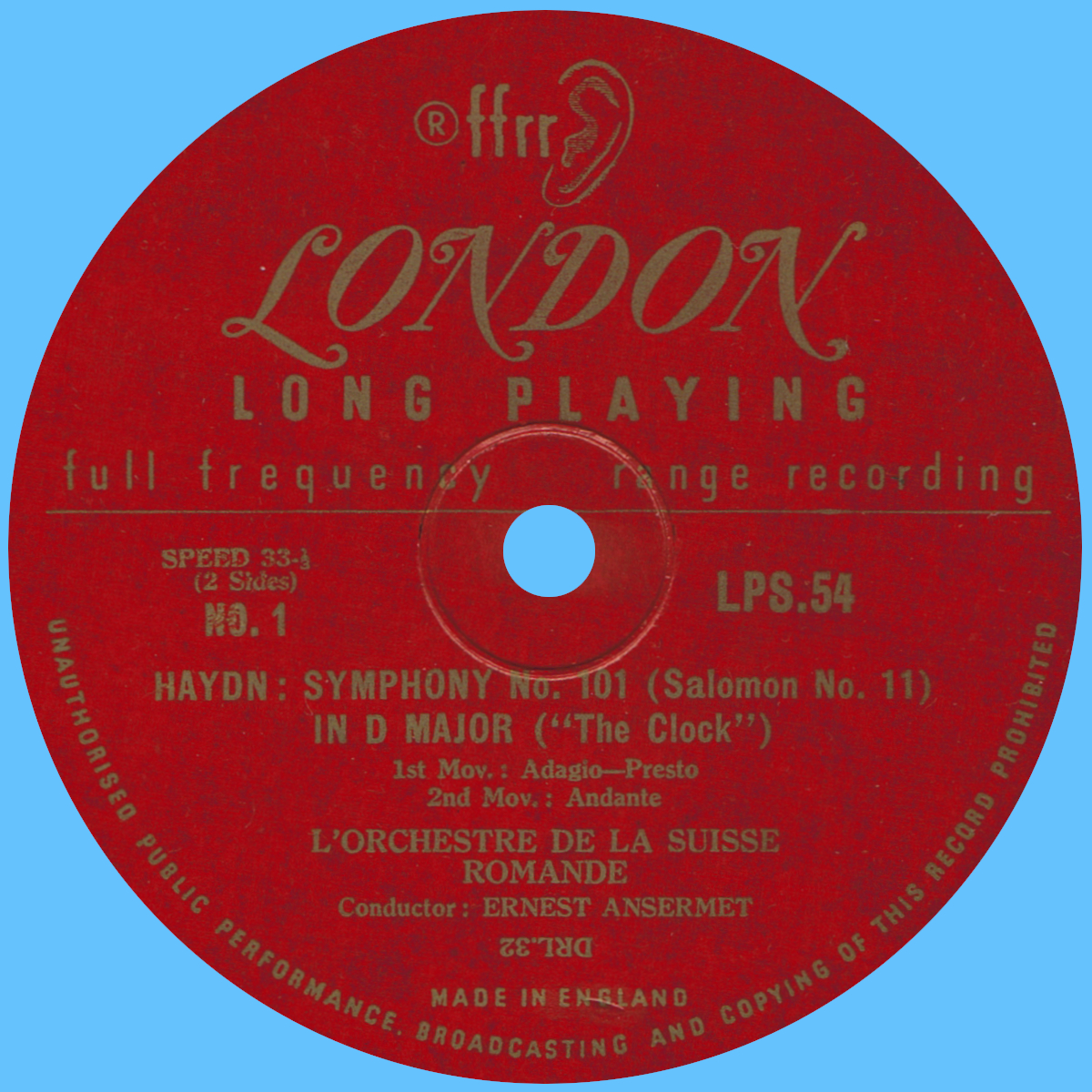 Étiquette recto du disque 25 cm, 33⅓ tours, London LPS 54
