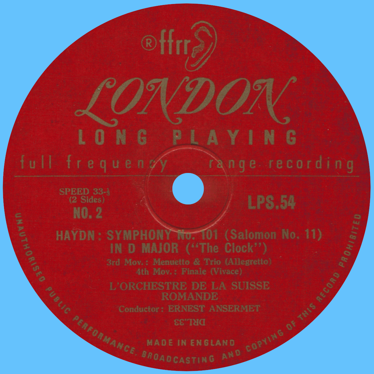 Étiquette verso du disque 25 cm, 33⅓ tours, London LPS 54