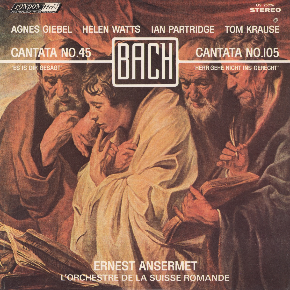 Recto de la pochette du disque London OS 25996, avec une reproduction de la peinture des 4 évangélistes de Jakob Ordaens