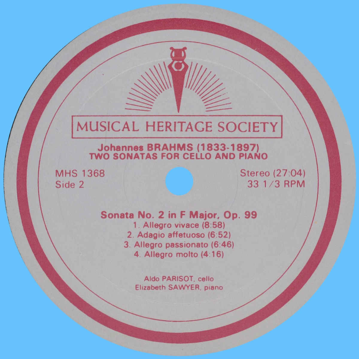 Étiquette verso du disque The Musical Heritage Society MHS 1368