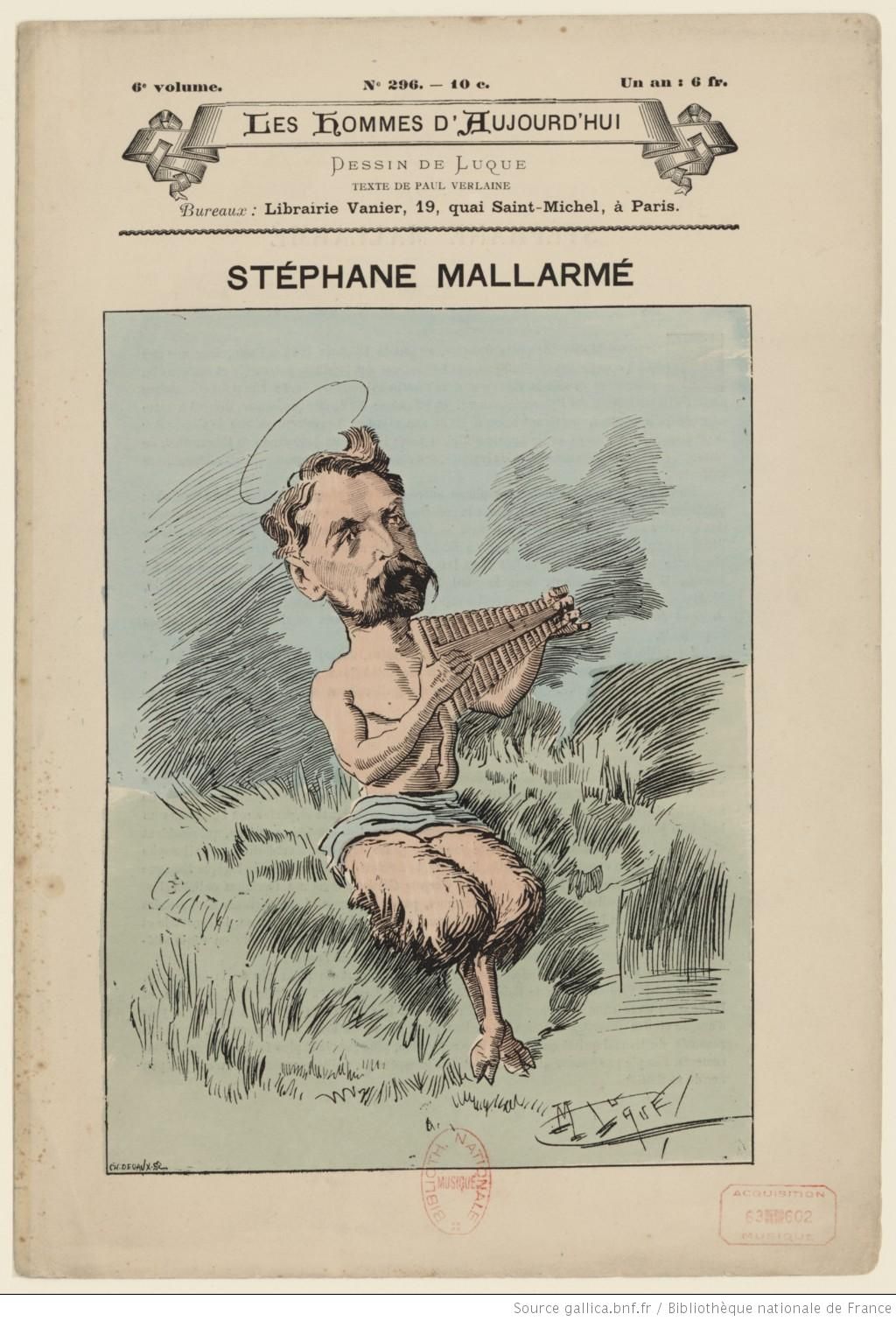 Caricature représentant Stéphane Mallarmé sous les traits du dieu Pan / dessin de Luque (Luque, Manuel, 1854-1919), Éditeur: Librairie Vanier (Paris), Date d'édition: 18.., 1 impr. photoméc.: coul.; 20 x 16 cm, Droits: domaine public, Identifiant: ark:/12148/btv1b84221952, Source: Bibliothèque nationale de France, département Musique, Est.MallarméS.001, clicquer pour voir l'original