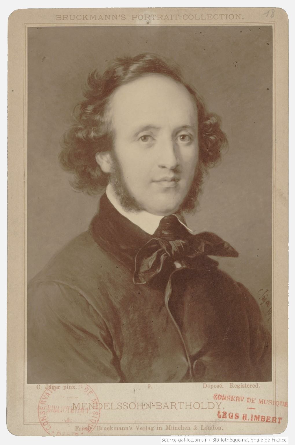 Felix Mendelssohn / reproduction d'un tableau de Carl Jäger (1833-1887), Éditeur: F. Bruckmann (Munich), Format: 1 photogr. pos.; 14,5 x 10 cm, Droits: domaine public, Identifiant: ark:/12148/btv1b8422522j, Source: Bibliothèque nationale de France, département Musique, Est.MendelssohnF.005, clicquer pour voir l'original