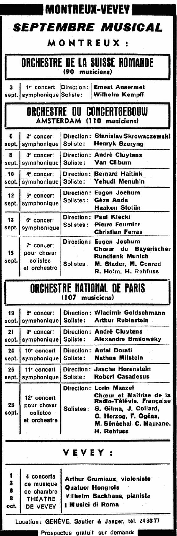 annonce publicitaire, Festival de Montreux, Septembre musical 1961, parue dans la Gazette de Lausanne du 19/20 août 1961 en page 14, cliquer pour une vue agrandie