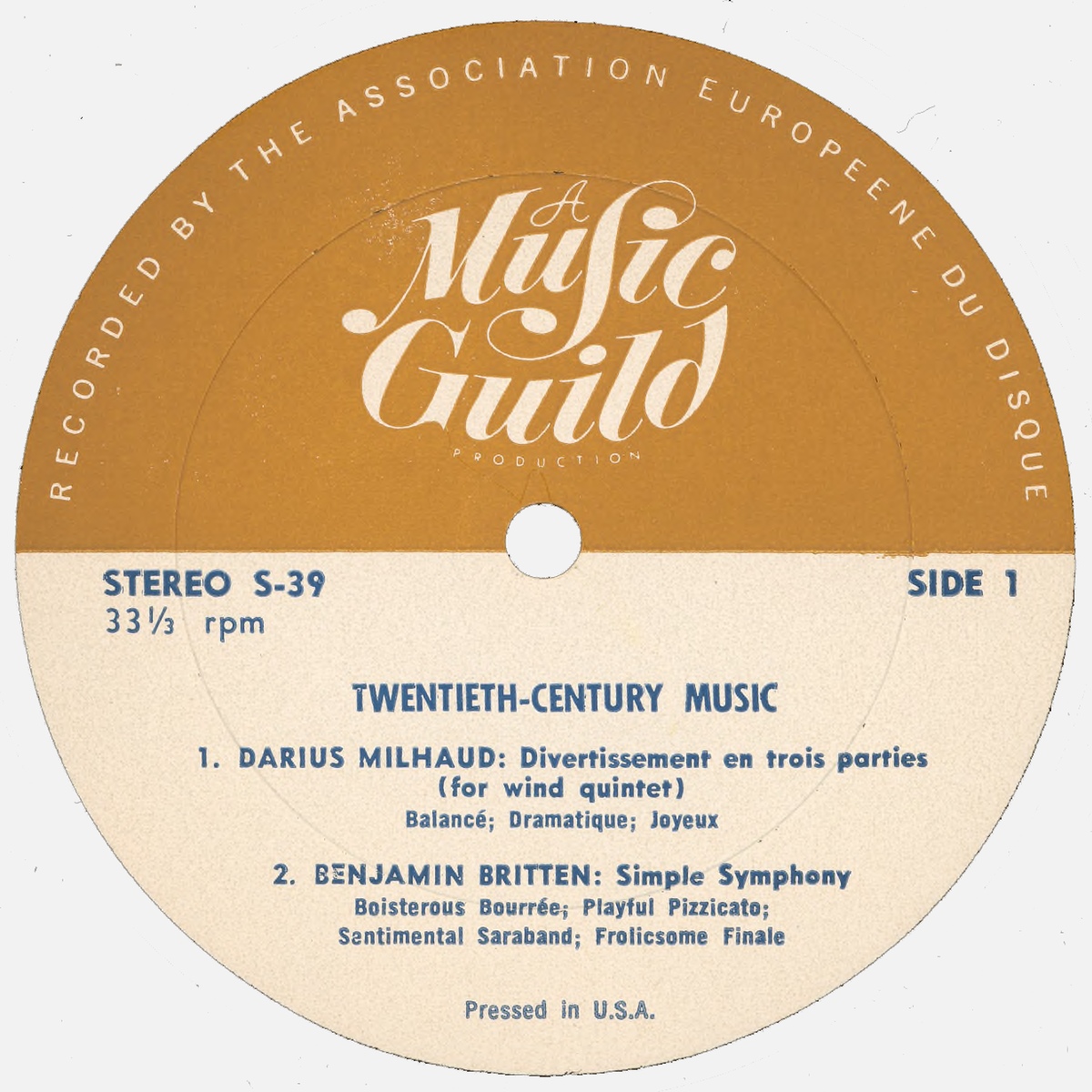 Étiquette recto du disque Music Guild Records S-39