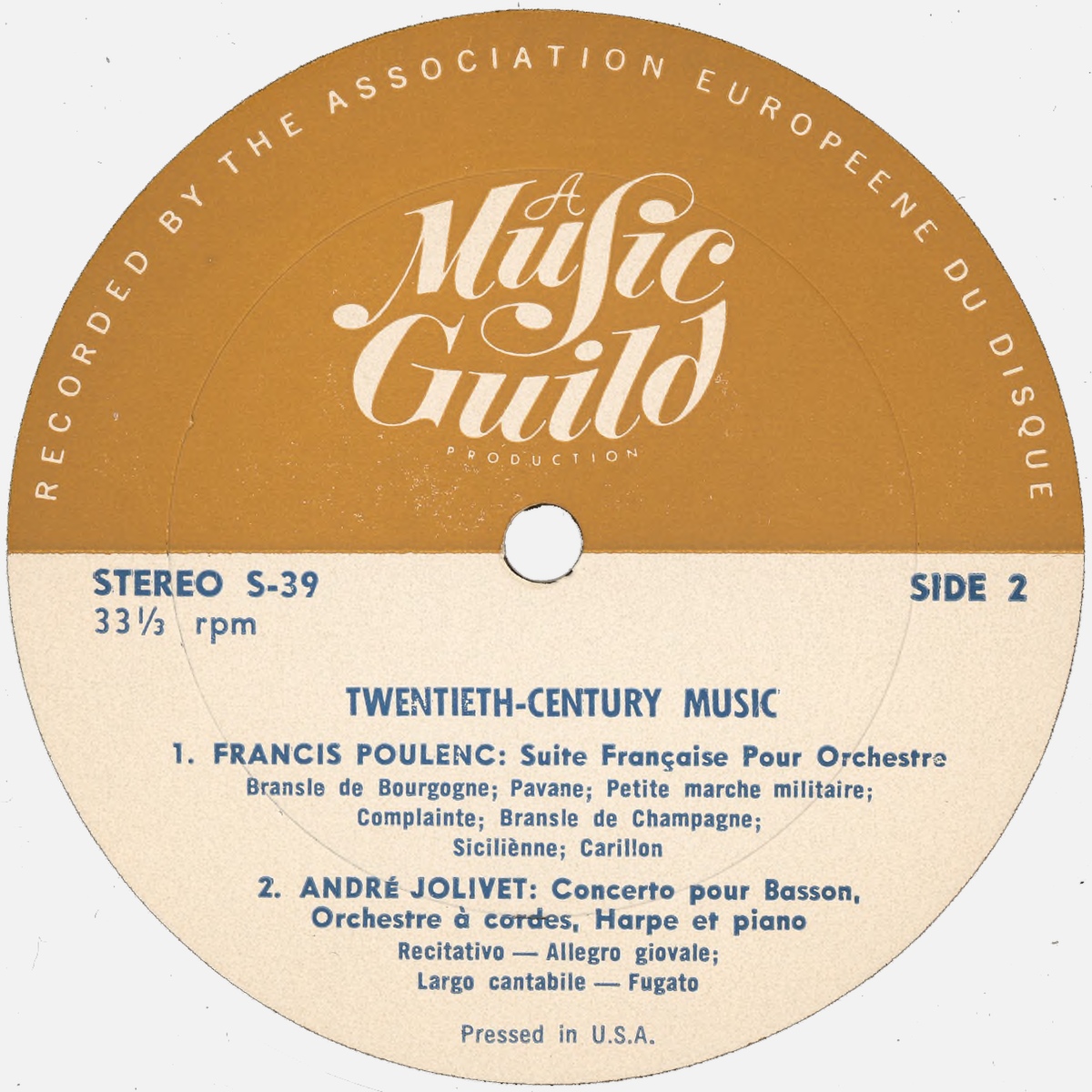 Étiquette verso du disque Music Guild Records S-39