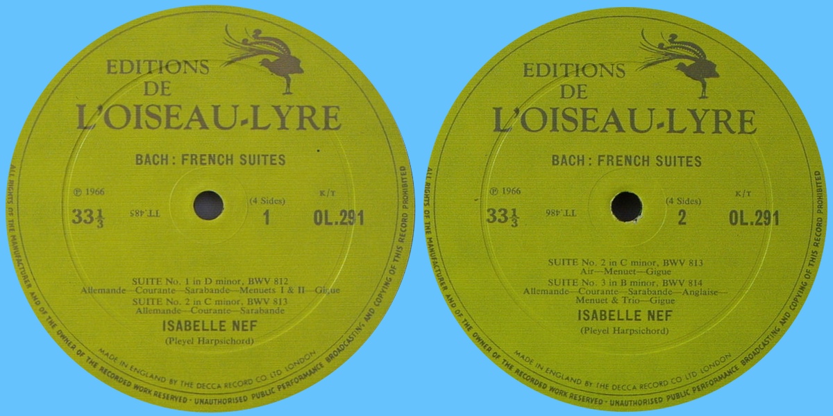 Étiquettes du premier disque de l'album L'Oiseau-Lyre SOL 291/92
