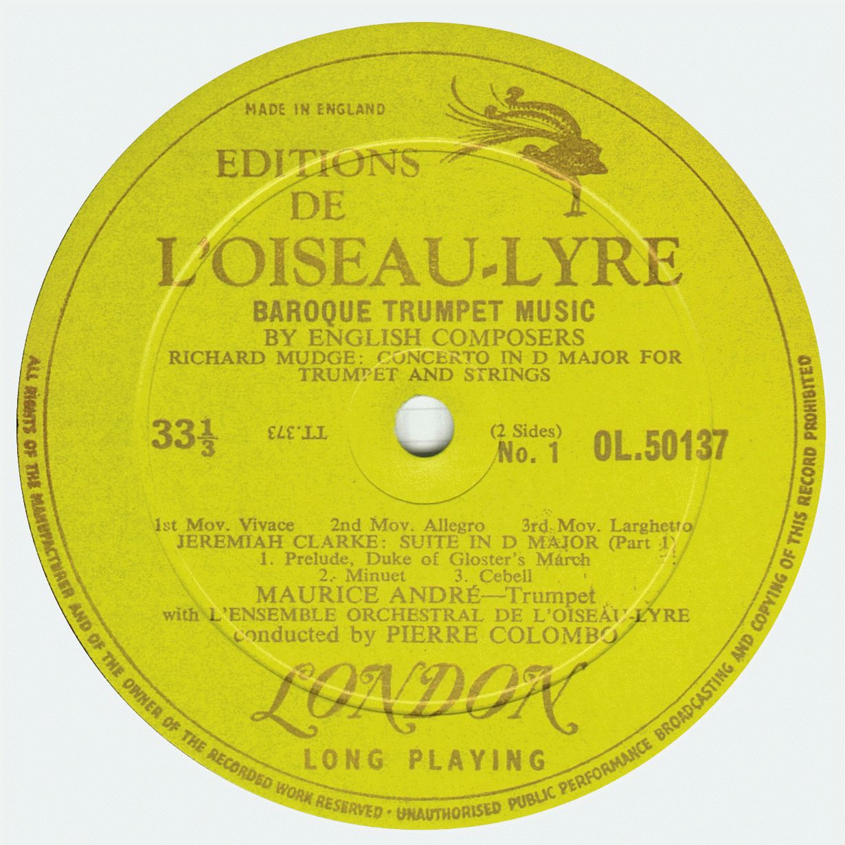Oiseau-Lyre Records OL 50137, étiquette face 1, clicquer pour une vue agrandie