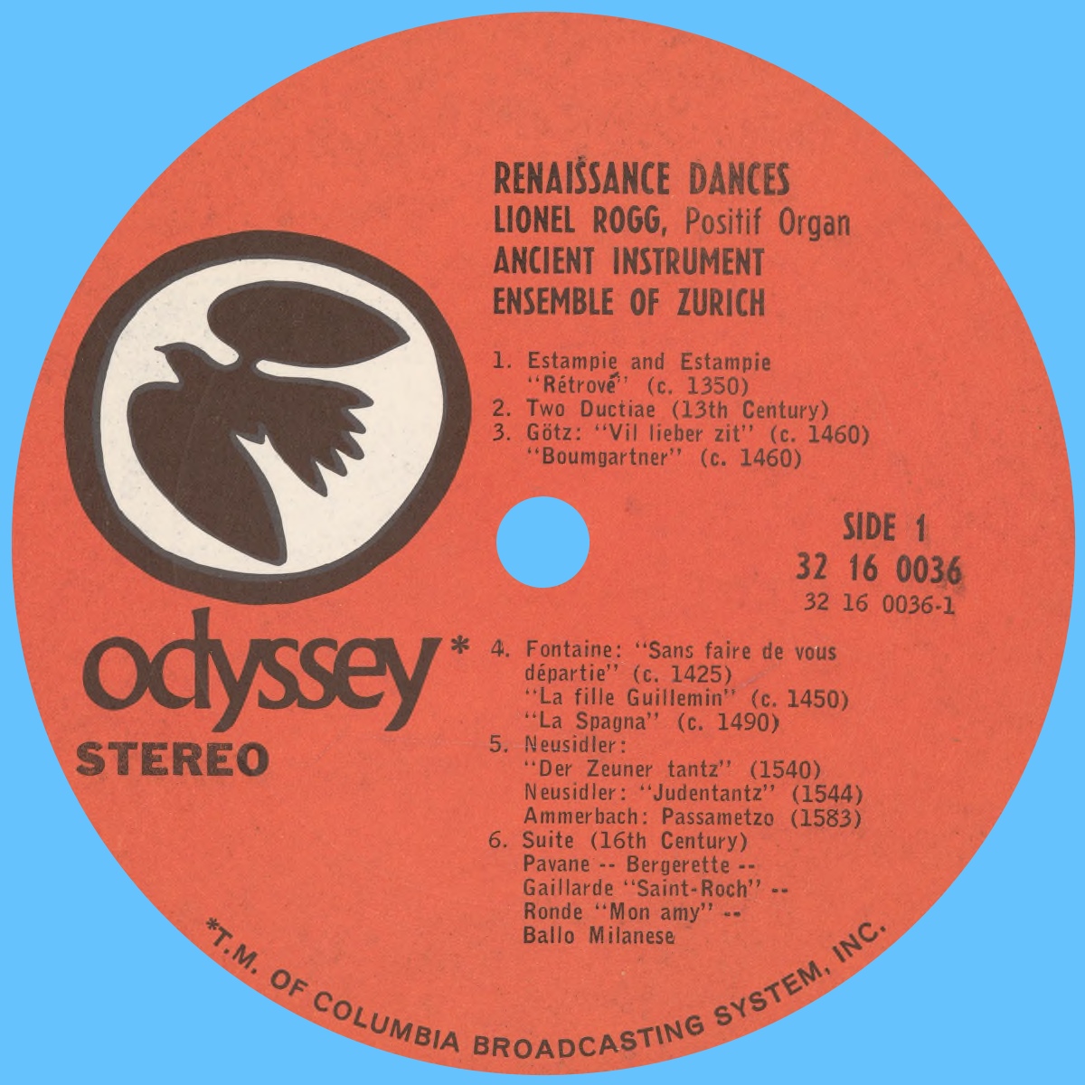 Étiquette recto du disque Odyssey 32 16 0036 (Renaissance Dances from the 14th through 16th Centuries)