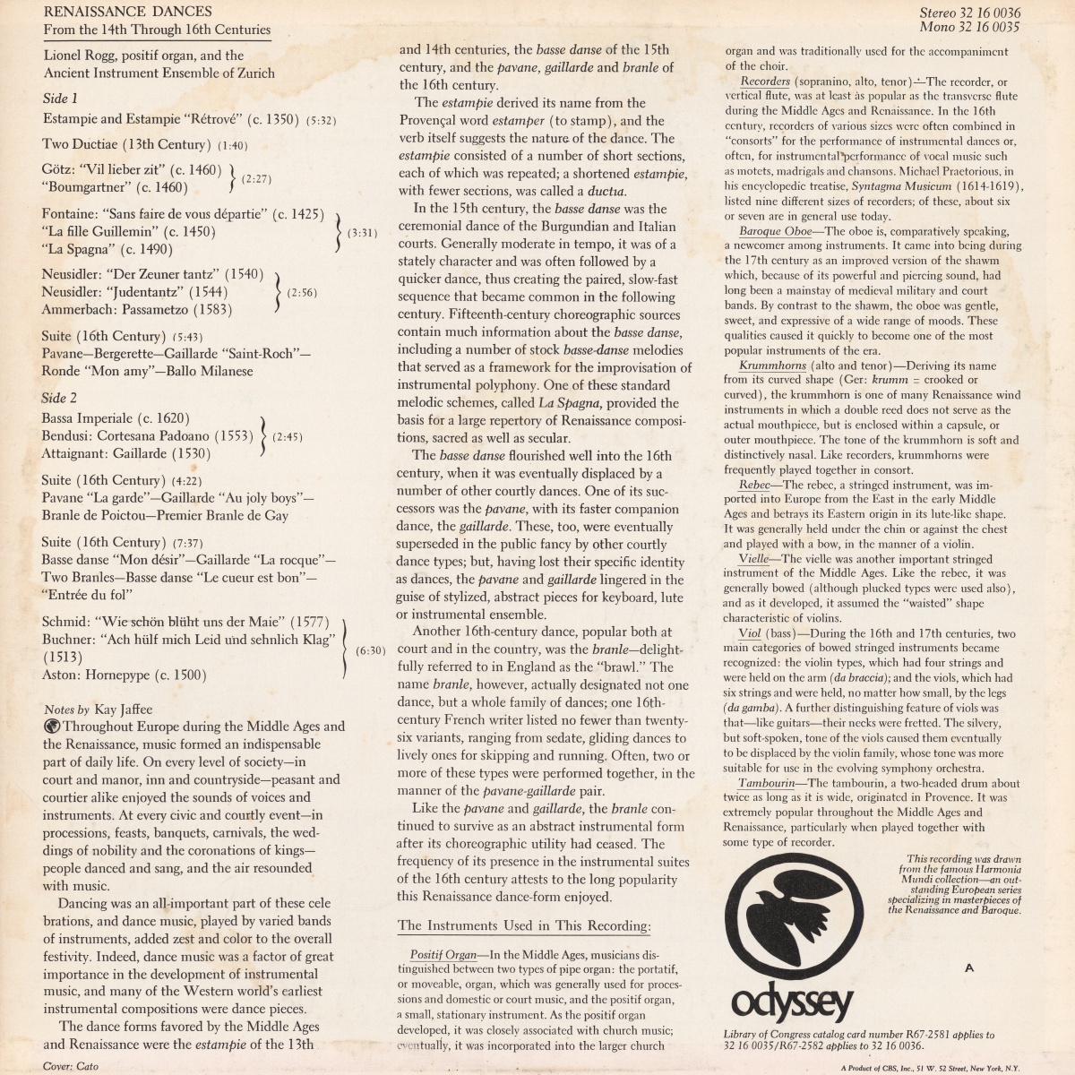 Verso de la pochette du disque Odyssey 32 16 0036 (Renaissance Dances from the 14th through 16th Centuries)