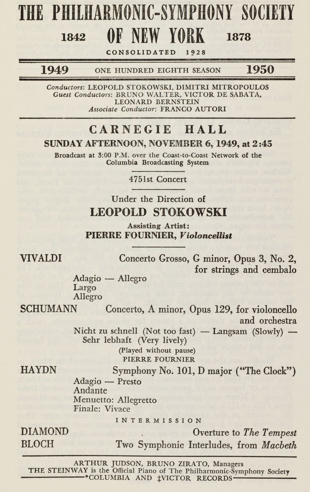 Programme du concert du 6 novembre 1949, Concert program, 6 Nov 1949, Program ID 1740, New York Philharmonic Shelby White & Leon Levy Digital Archives, cité de la page https://archives.nyphil.org/index.php/artifact/2822dada-bb61-4cc9-b722-a39131c47993-0.1