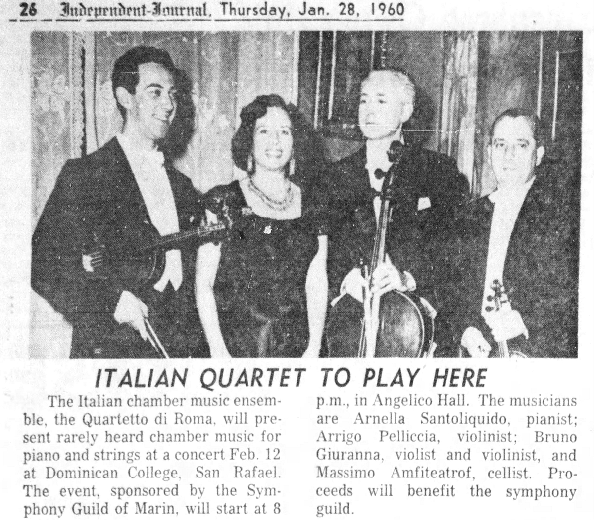 Quartetto di Roma, Daily Independent Journal, Thu Jan 28 1960, page 26, cliquer pour une vue agrandie