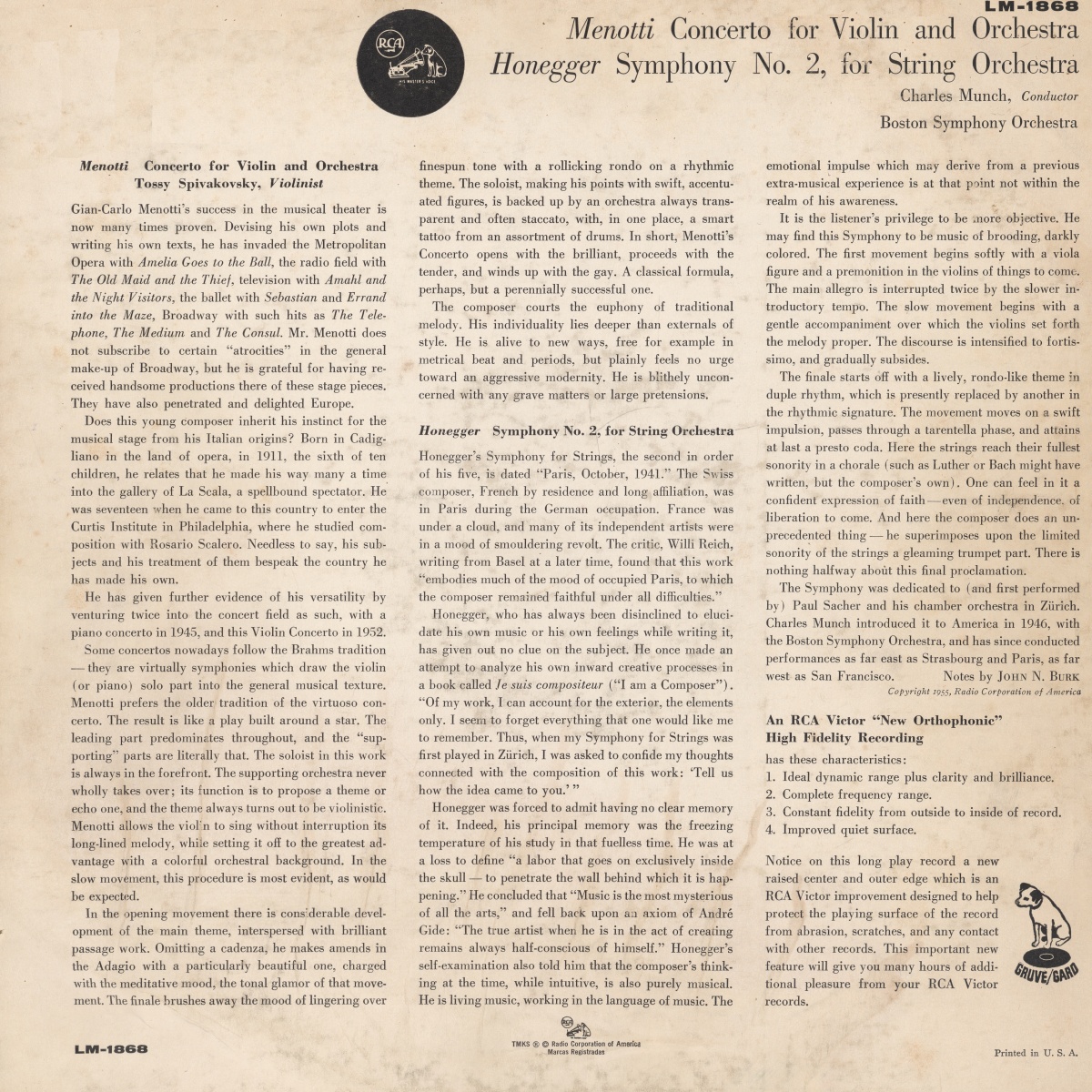 Verso de la pochette du disque RCA Victor LM 1868