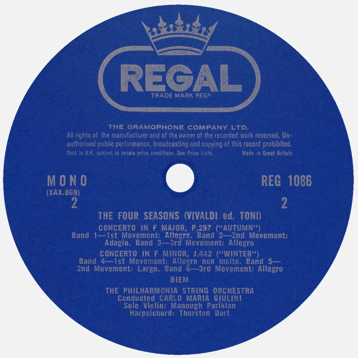 Étiquette verso du disque REGAL REC 1086