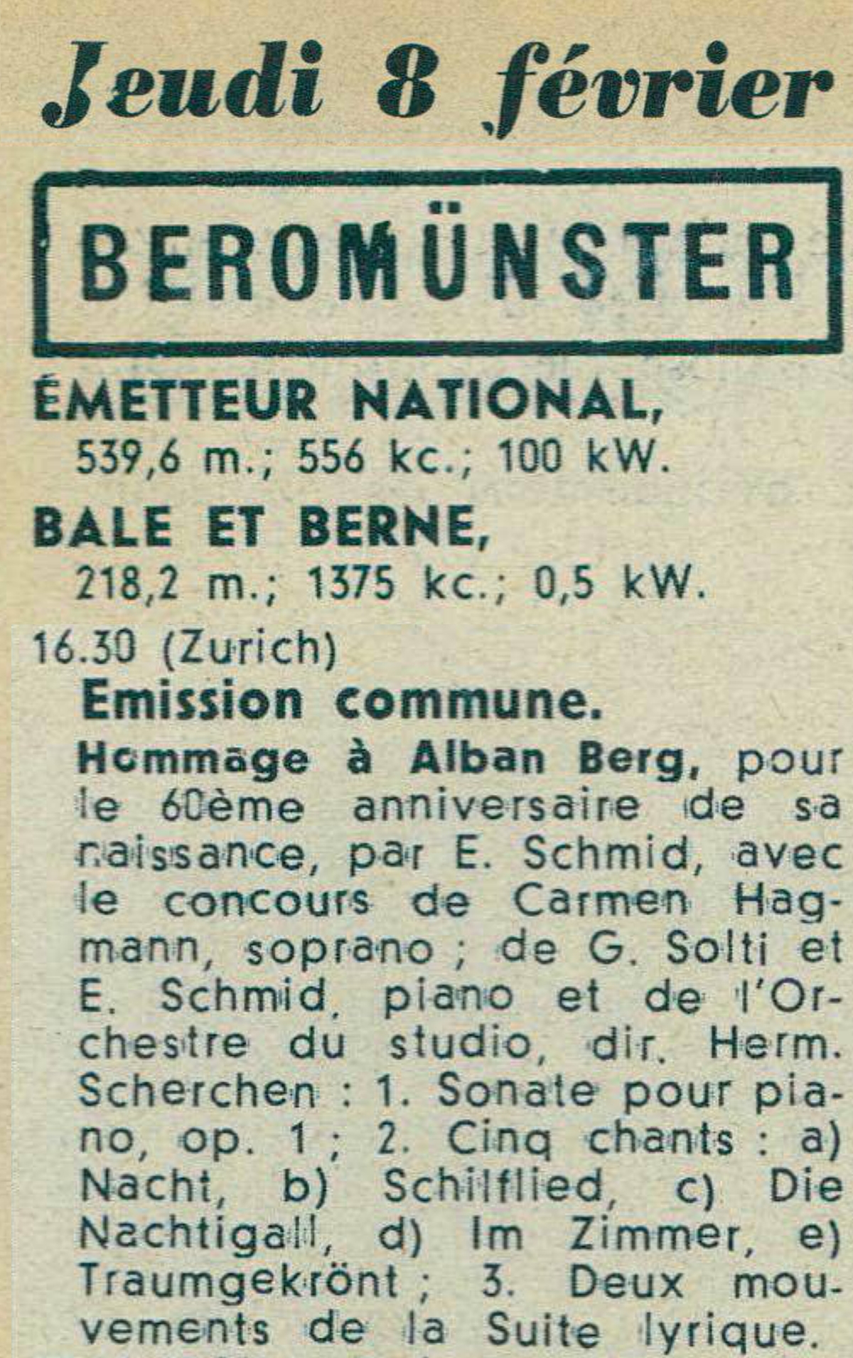 Programme de l'émission retransmise sur Beromunster le 8 févier 1945